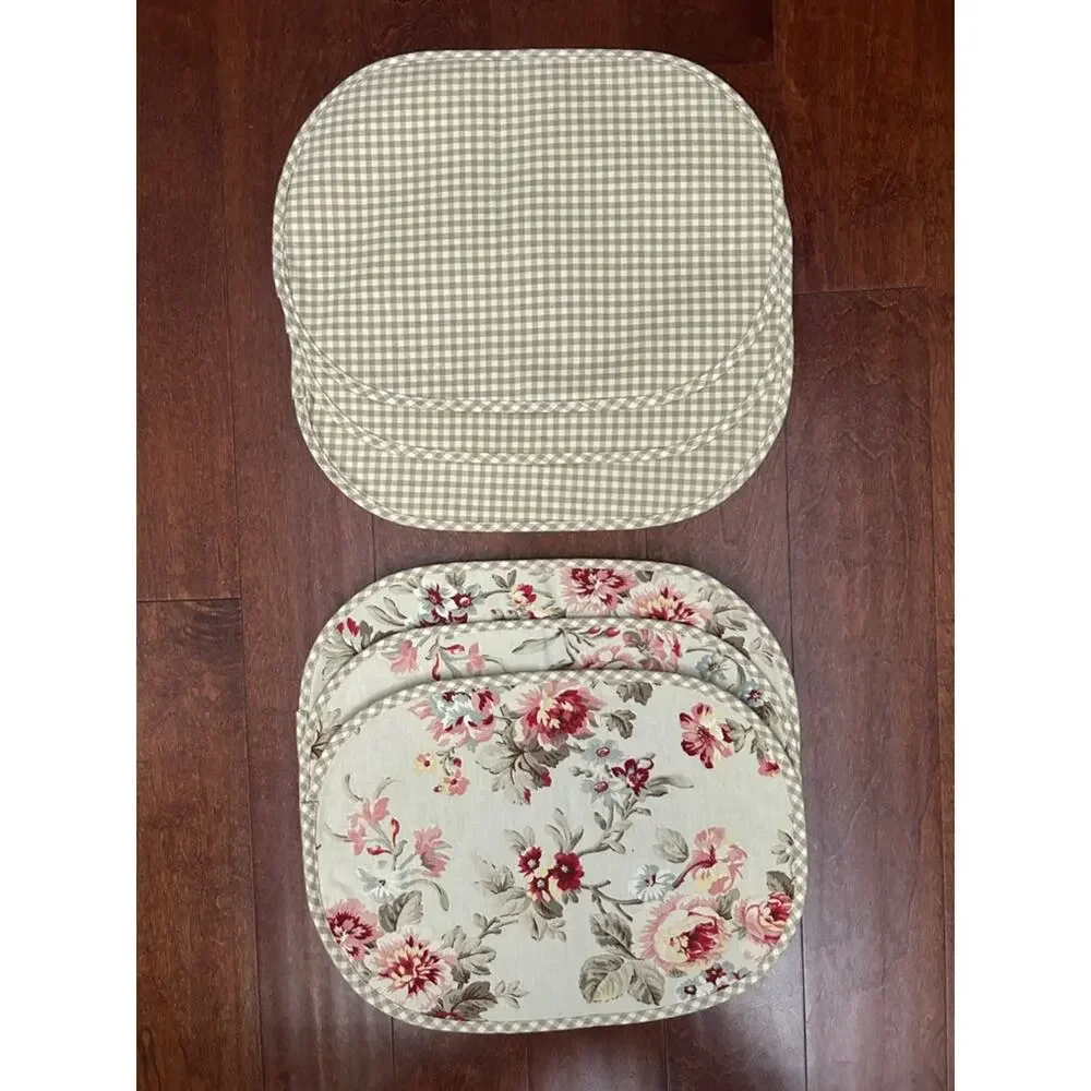 Reversible Shabby Chic Floral and Gingham Quilted Fabric Placemats, Set of Six